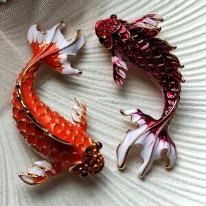 Koi Fish Maroon Red &Orange Gold Enamel Brooch Set– Symbol of Luck & Prosperity